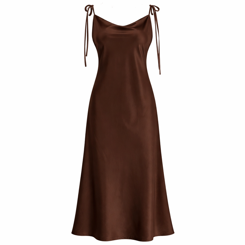 Calista | Braunes Satin-Maxikleid mit Rückenausschnitt